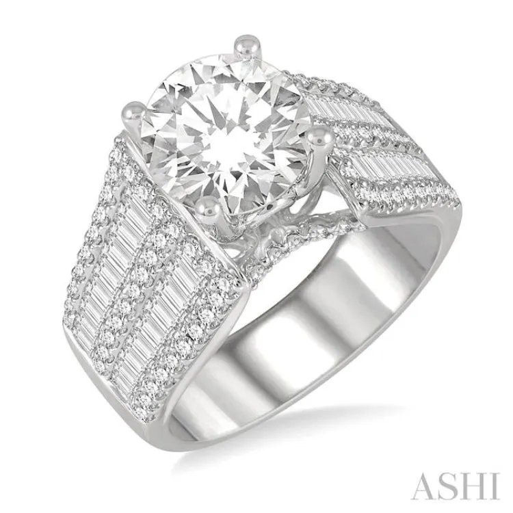 1 5/8 ctw Wide Shank Baguette and Round Cut Diamond Semi-Mount Engagement Ring in 14K White Gold