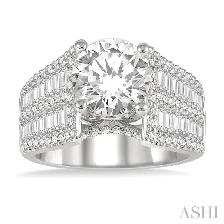 1 5/8 ctw Wide Shank Baguette and Round Cut Diamond Semi-Mount Engagement Ring in 14K White Gold