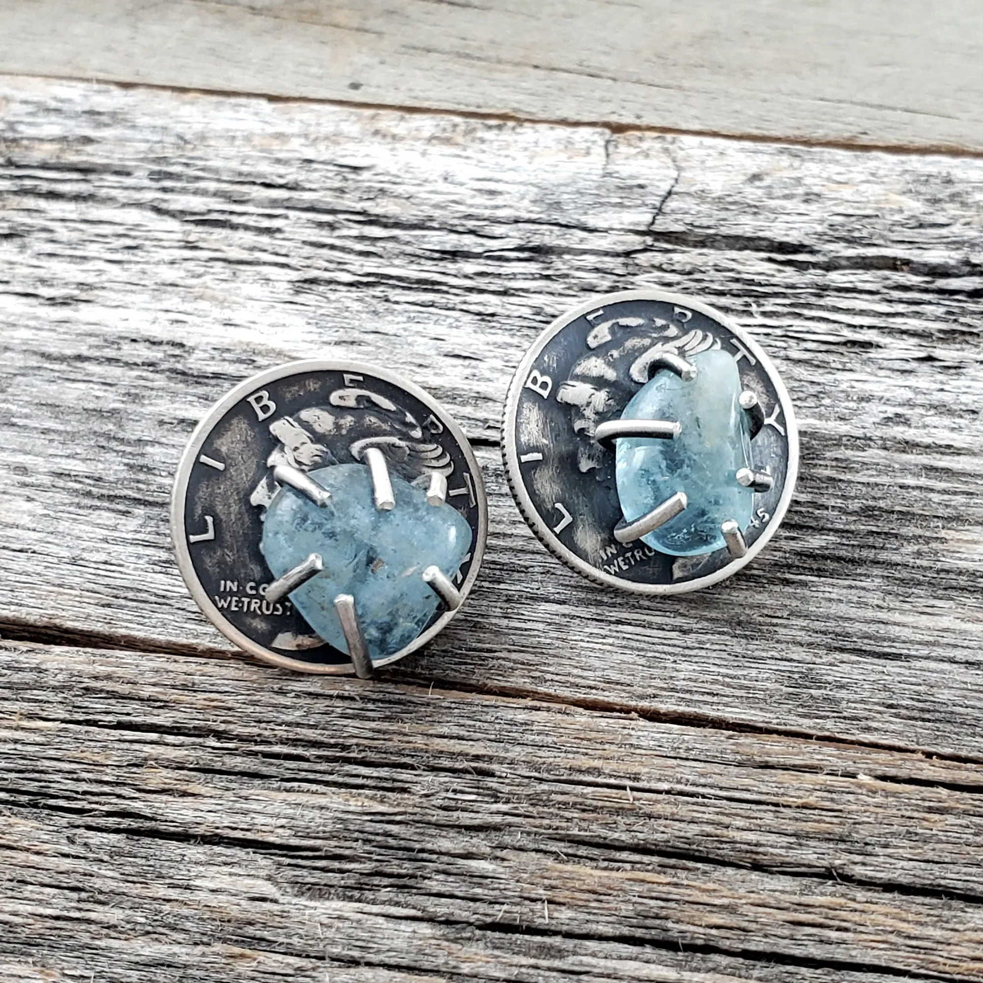 Aquamarine Mercury Dime Stud Earrings