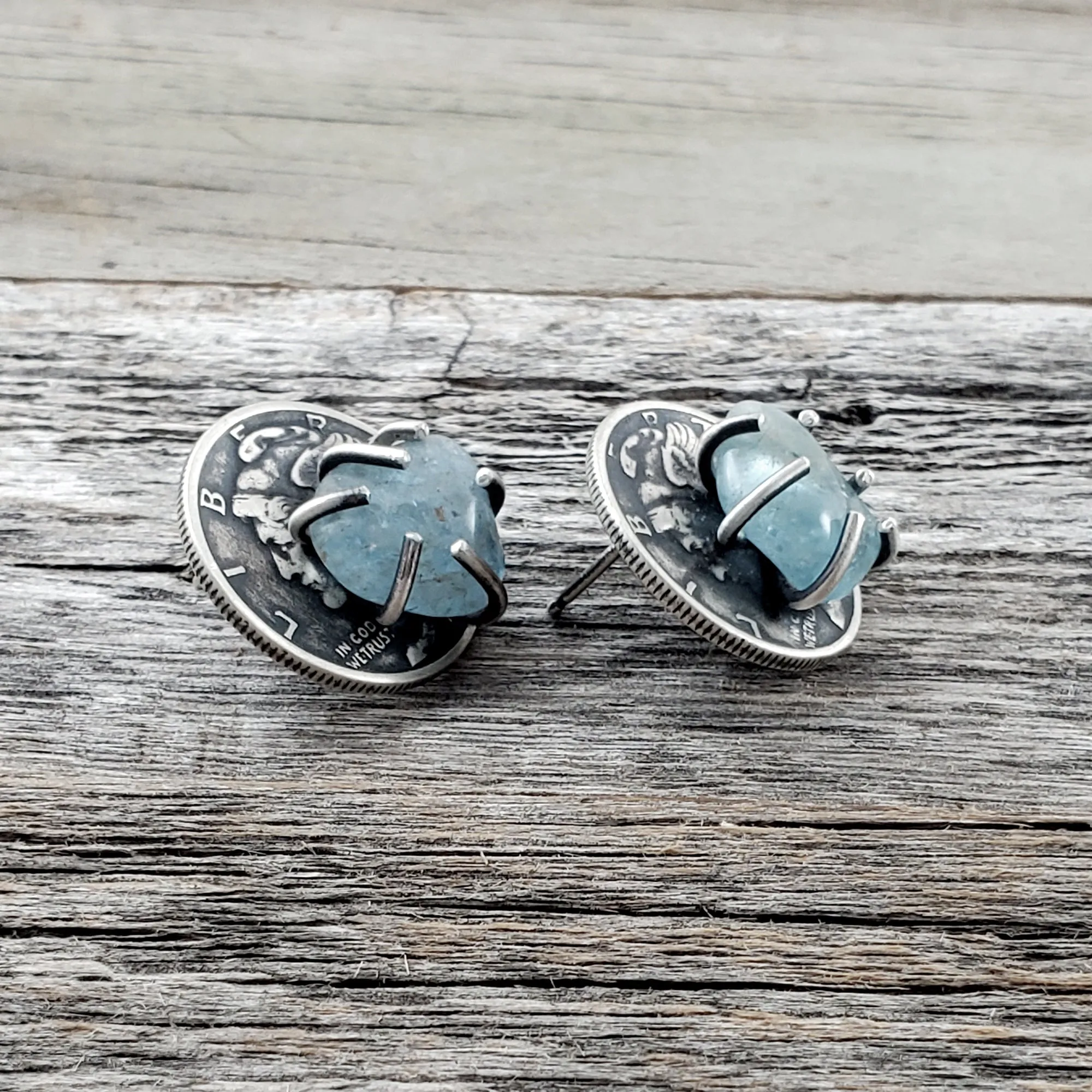 Aquamarine Mercury Dime Stud Earrings