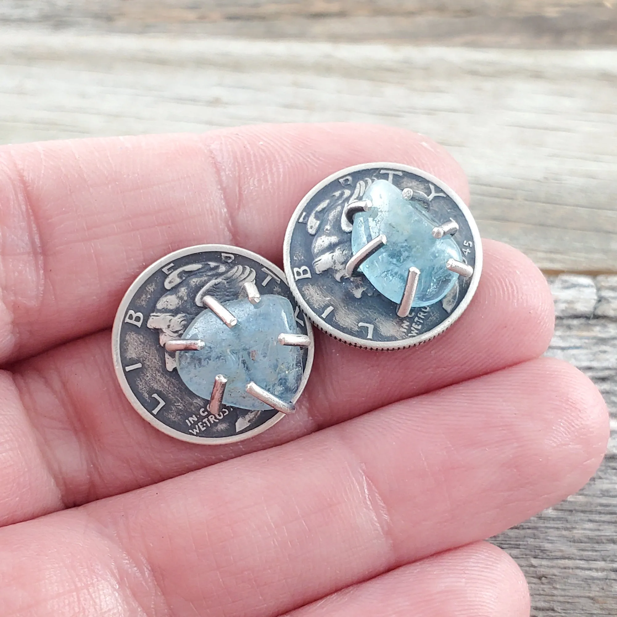 Aquamarine Mercury Dime Stud Earrings