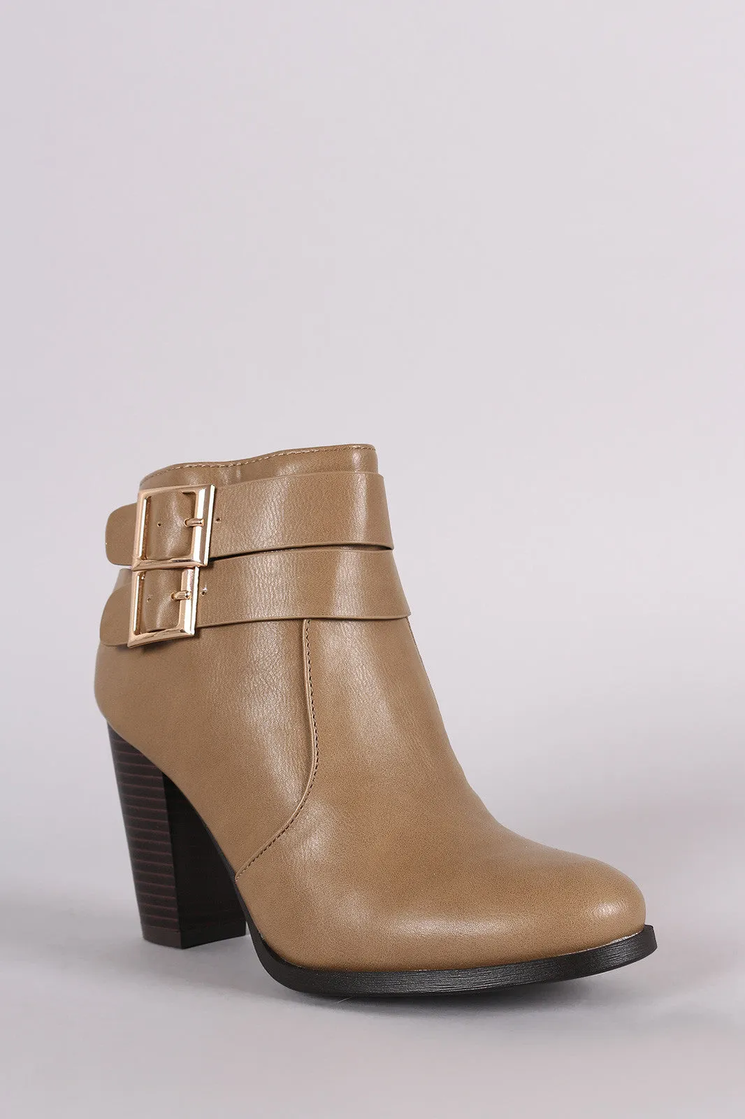 Bamboo Double Buckle Strap Chunky Heeled Ankle Boots