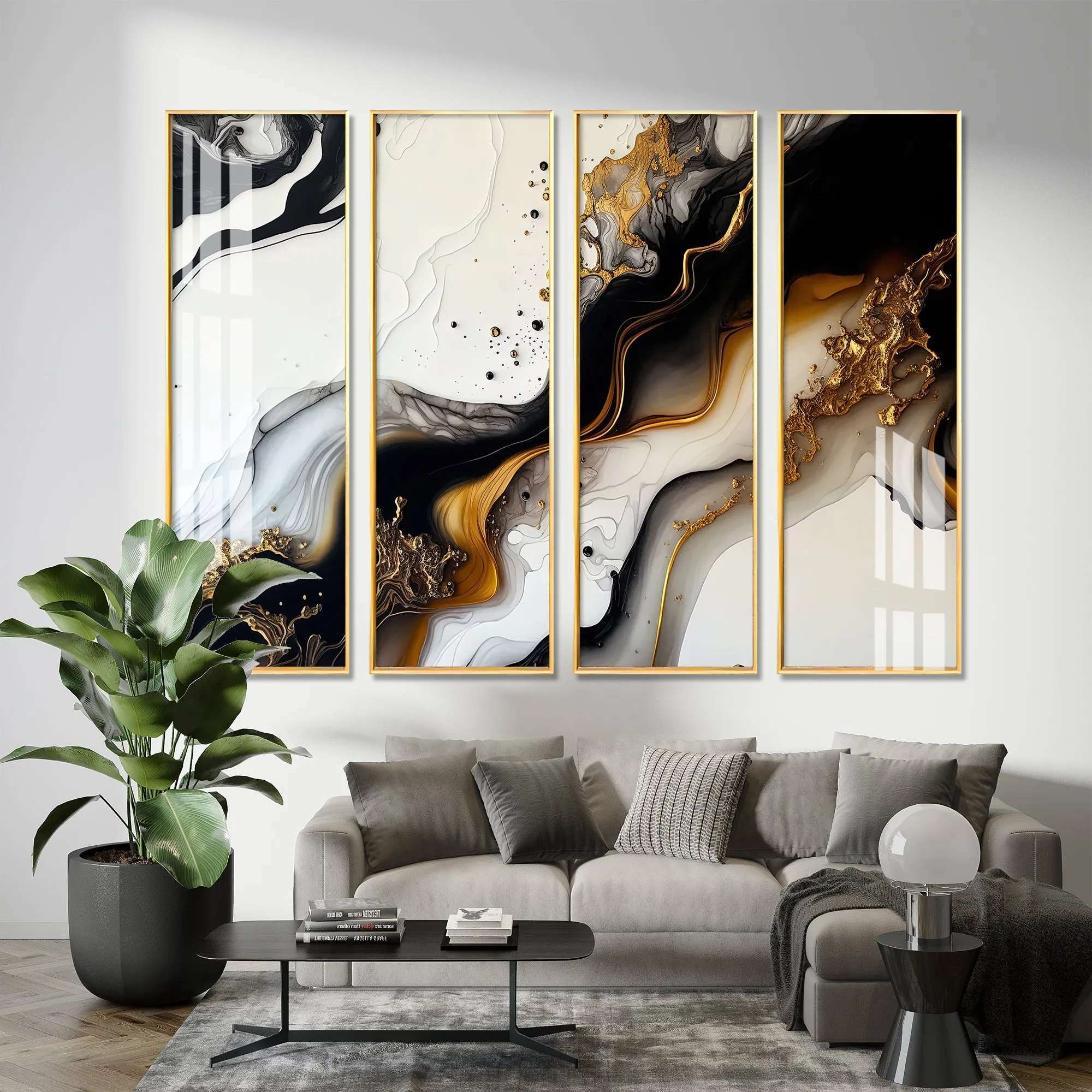 Black & Golden Splash Premium Acrylic Vertical Wall Art (set of 4)