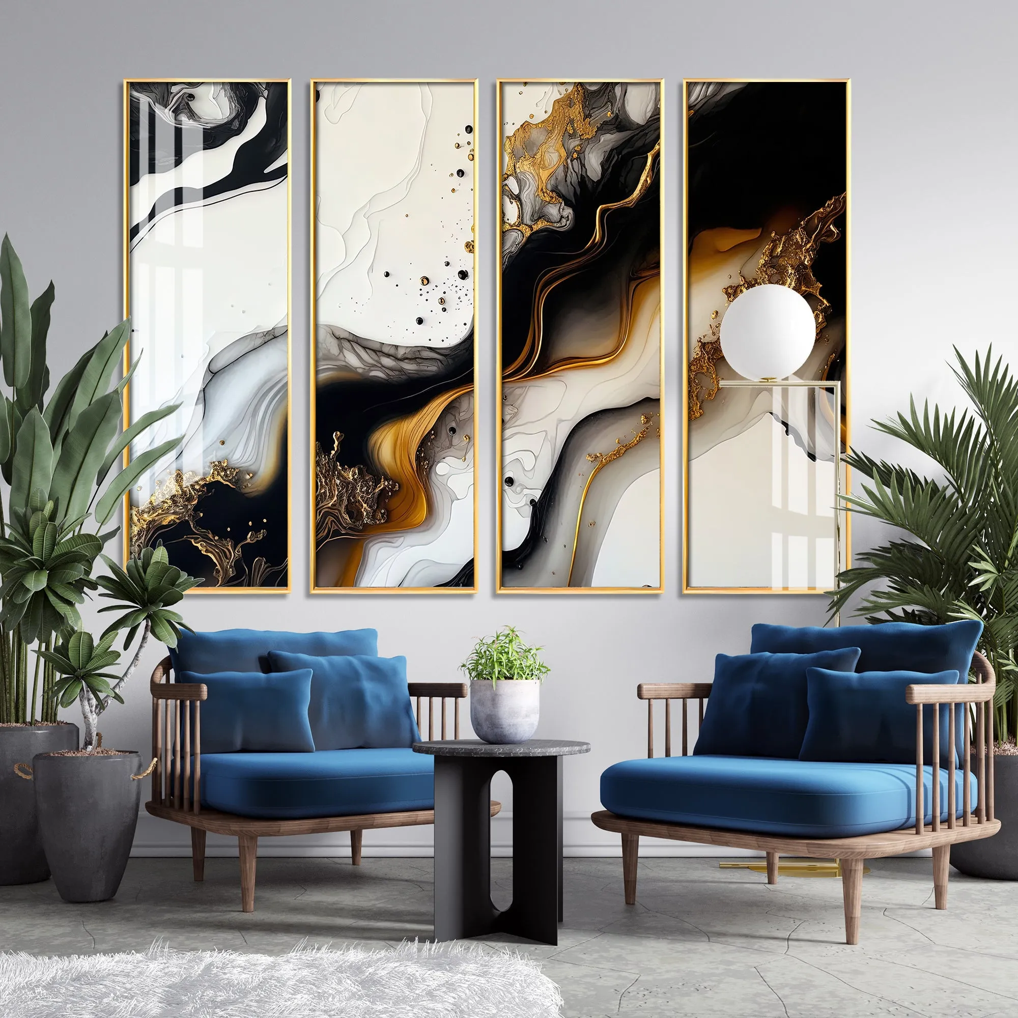 Black & Golden Splash Premium Acrylic Vertical Wall Art (set of 4)