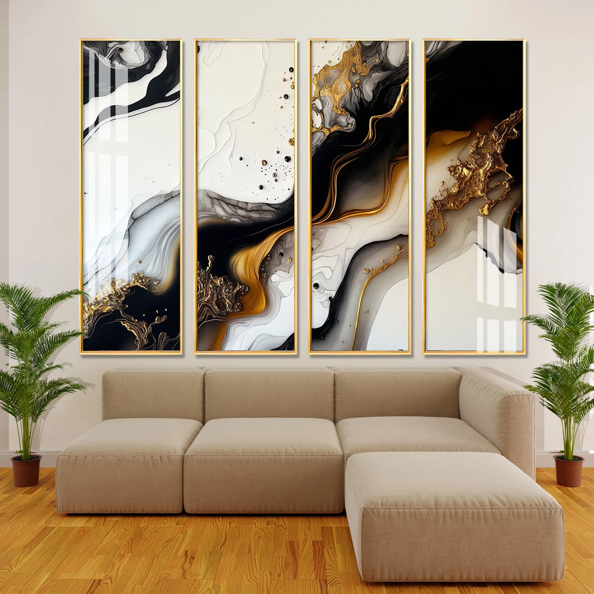 Black & Golden Splash Premium Acrylic Vertical Wall Art (set of 4)