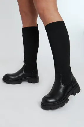 Black PU Faux Leather Flyknit Knee High Boots - Mina