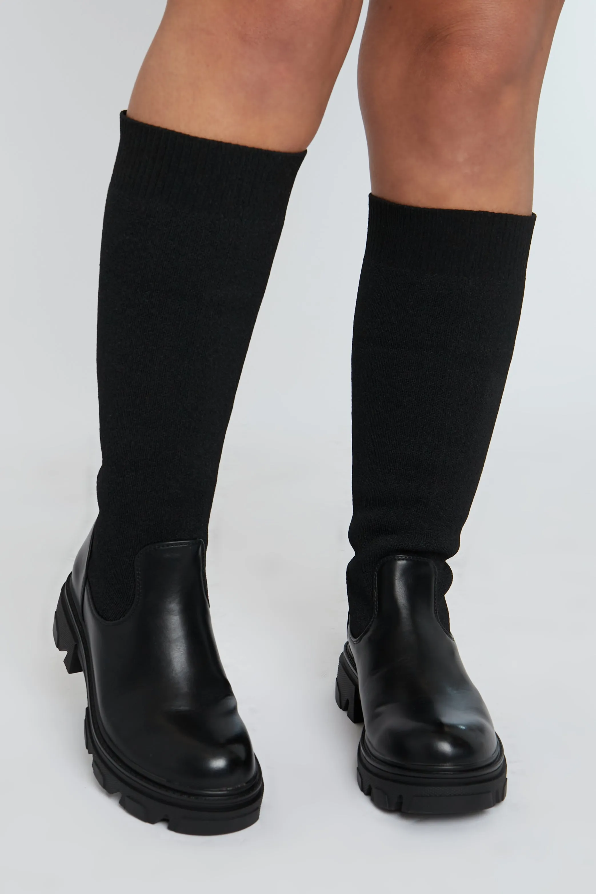 Black PU Faux Leather Flyknit Knee High Boots - Mina