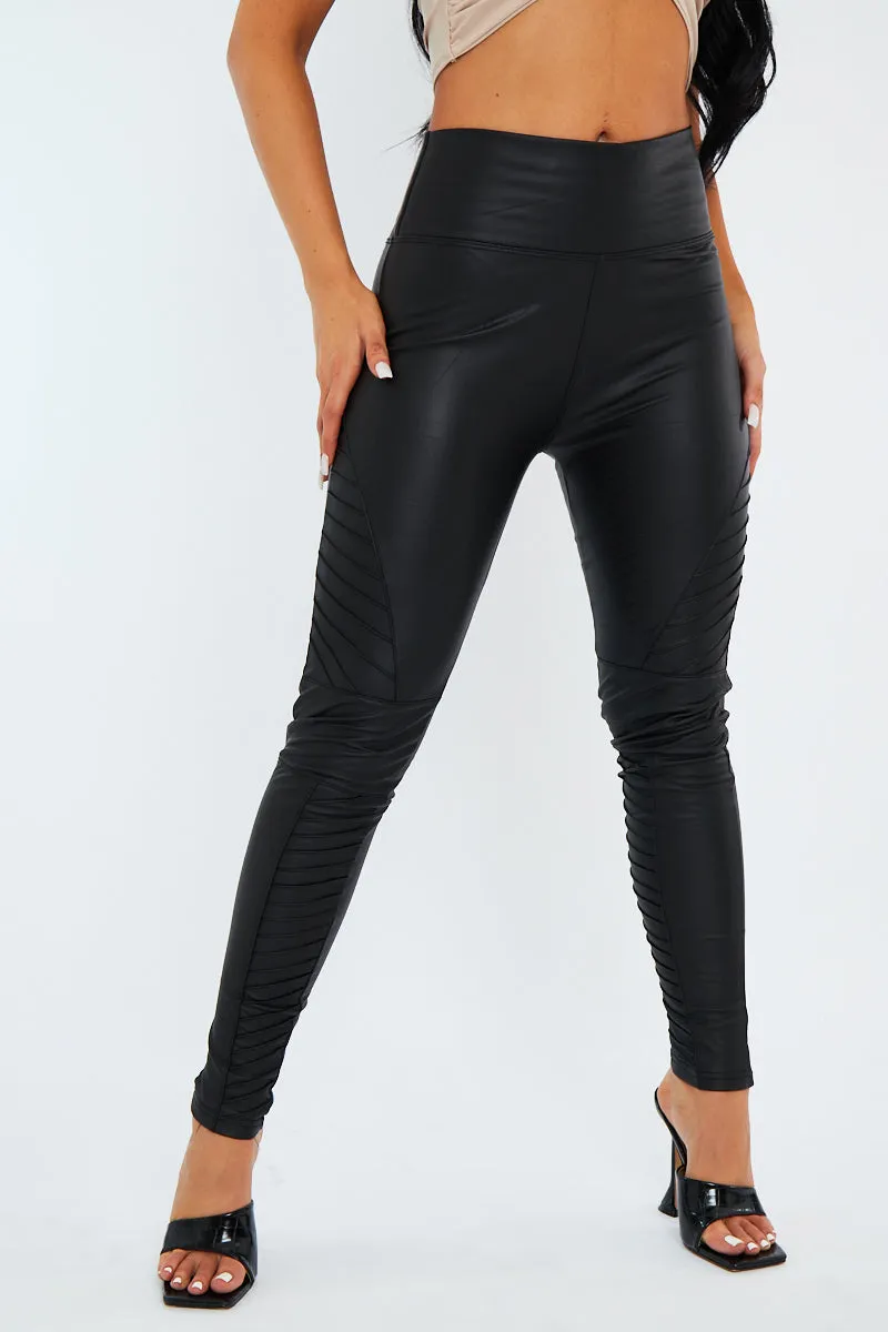 Black PU Leather Biker Leggings - Paz