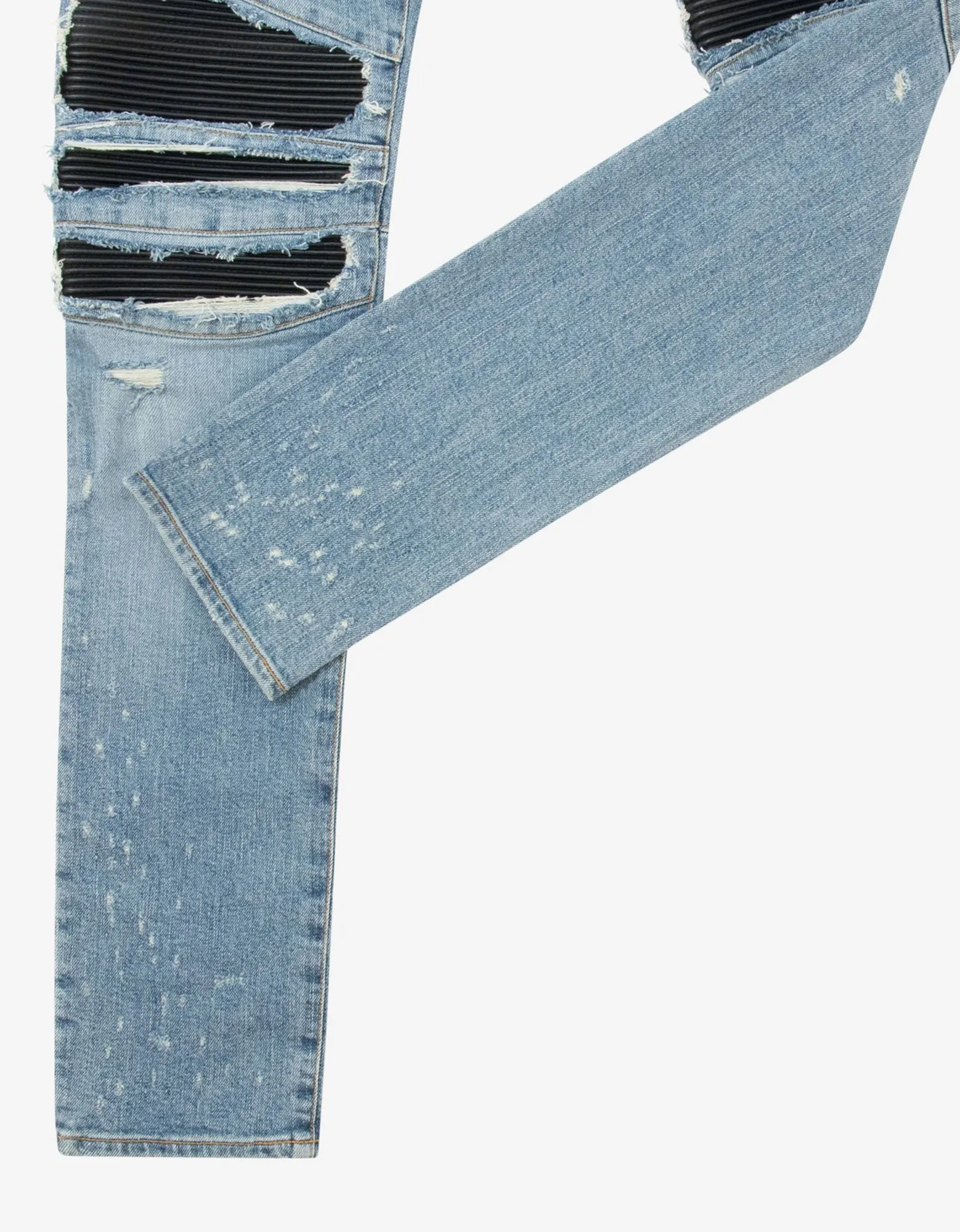 Blue Ribbed Panel Light Destroyed Slim Biker Jeans