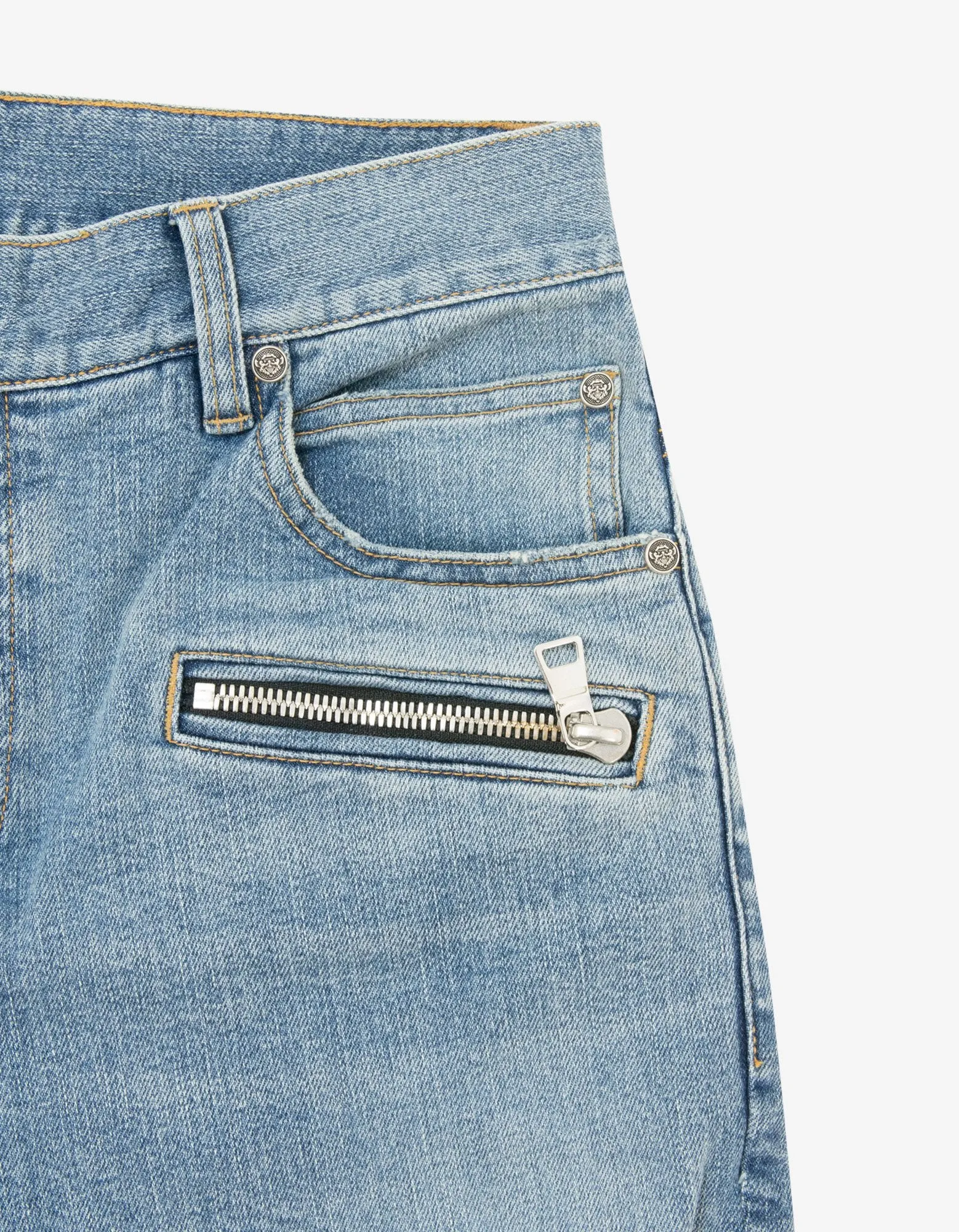 Blue Ribbed Panel Light Destroyed Slim Biker Jeans