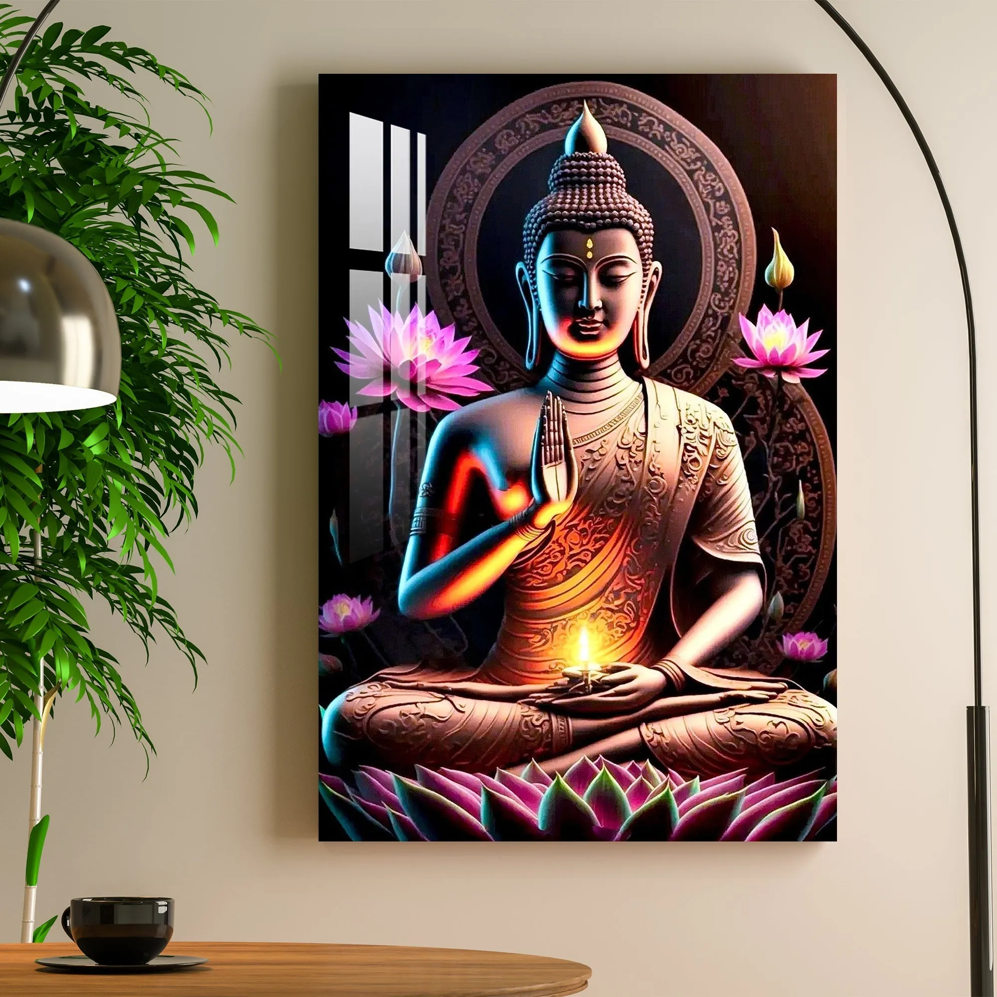 Buddha With Flowers Acrylic Wall Art - 23.5X16 inches / 5MM