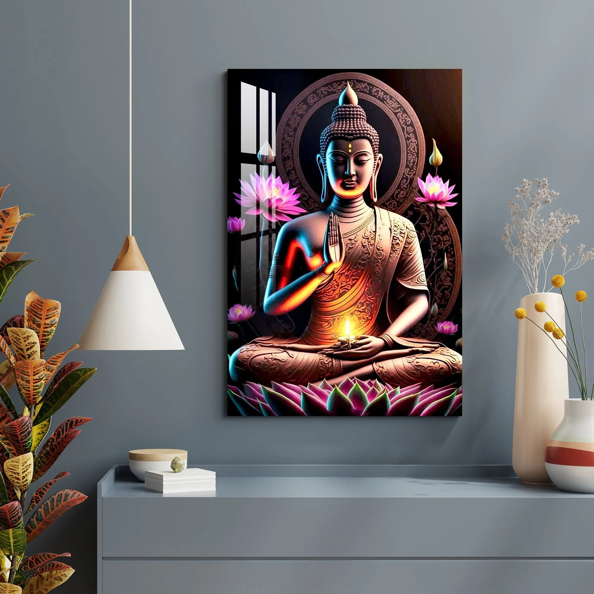 Buddha With Flowers Acrylic Wall Art - 23.5X16 inches / 5MM