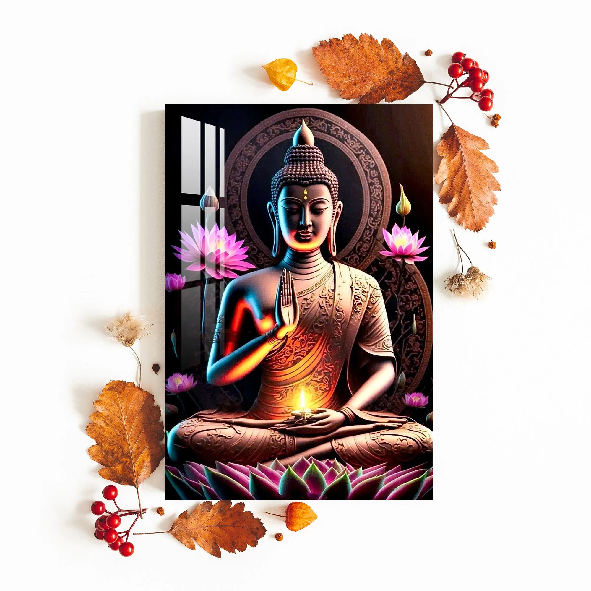 Buddha With Flowers Acrylic Wall Art - 23.5X16 inches / 5MM