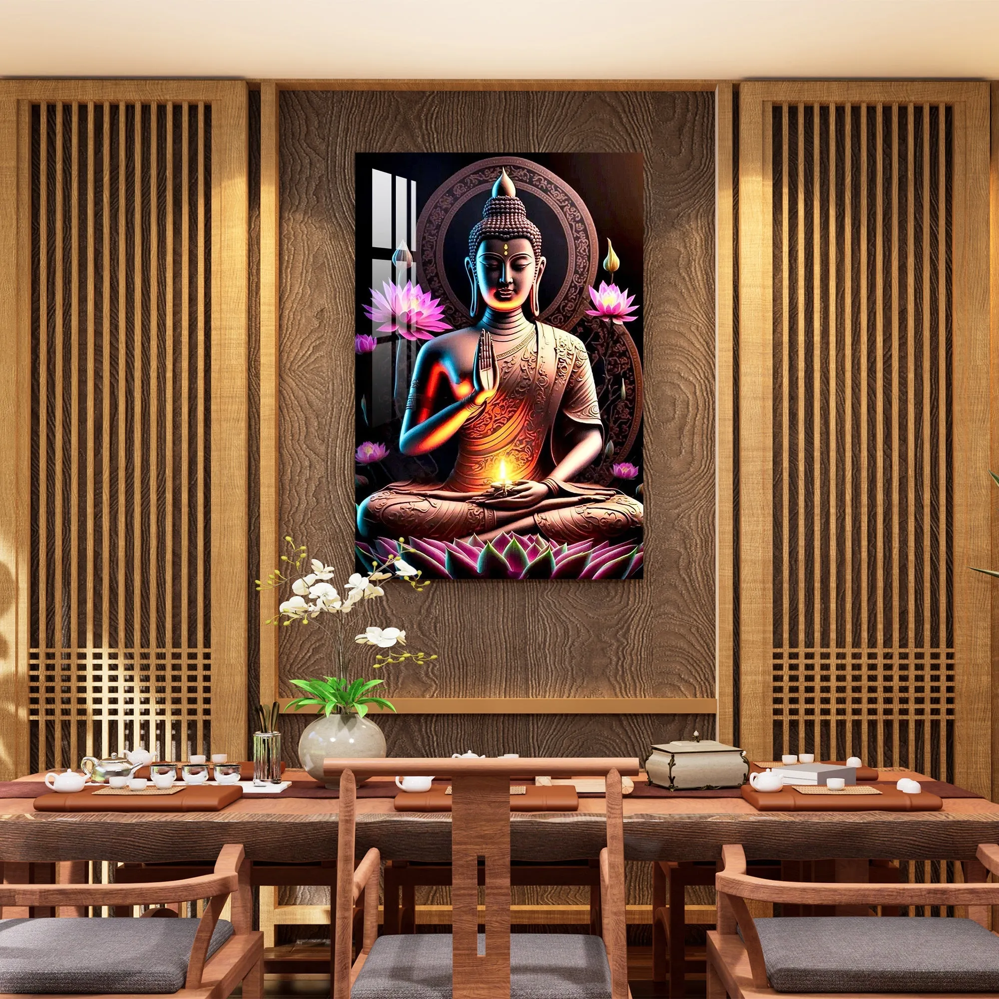 Buddha With Flowers Acrylic Wall Art - 23.5X16 inches / 5MM