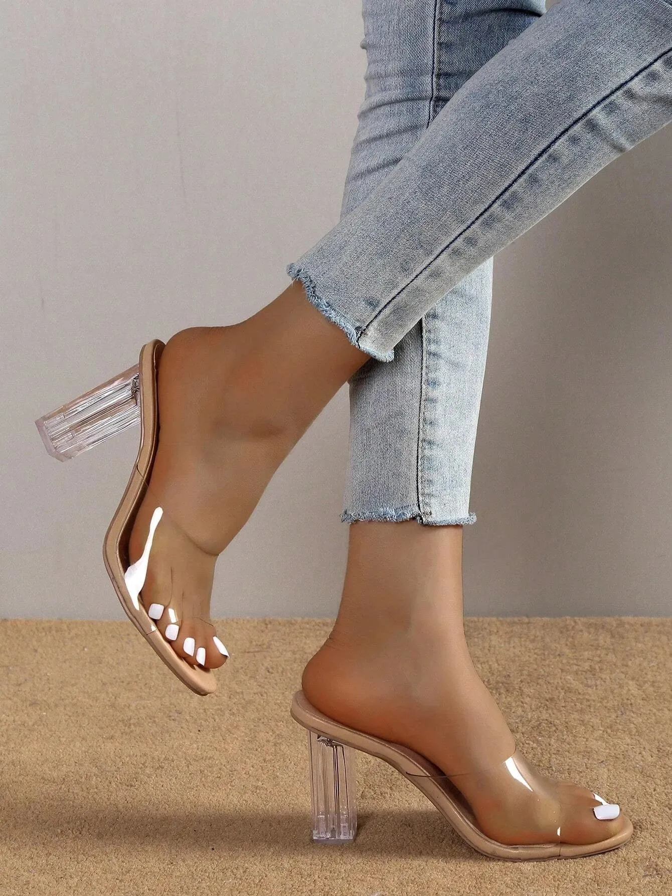 Clear strap chunky heeled muled sandals