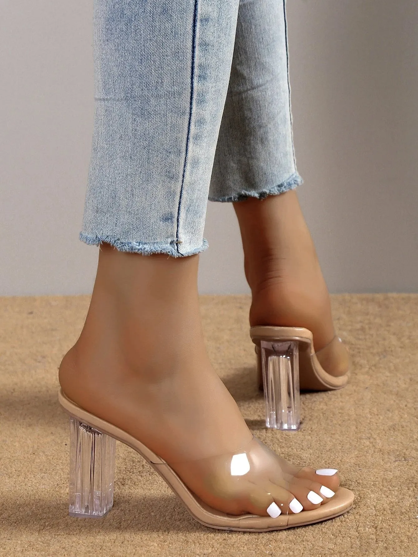 Clear strap chunky heeled muled sandals