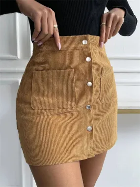 Corduroy Button Flare Skater Short Skirt