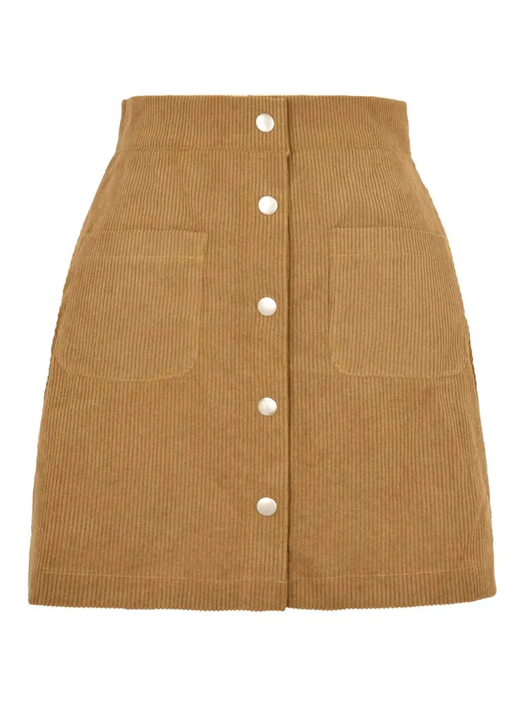 Corduroy Button Flare Skater Short Skirt