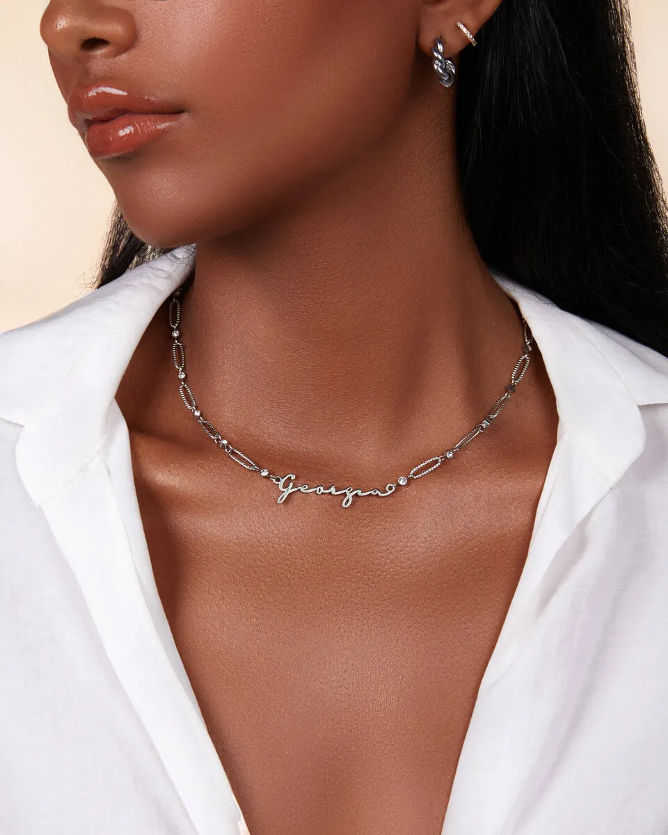 Crystal Paperclip Chain Name Necklace (Silver)