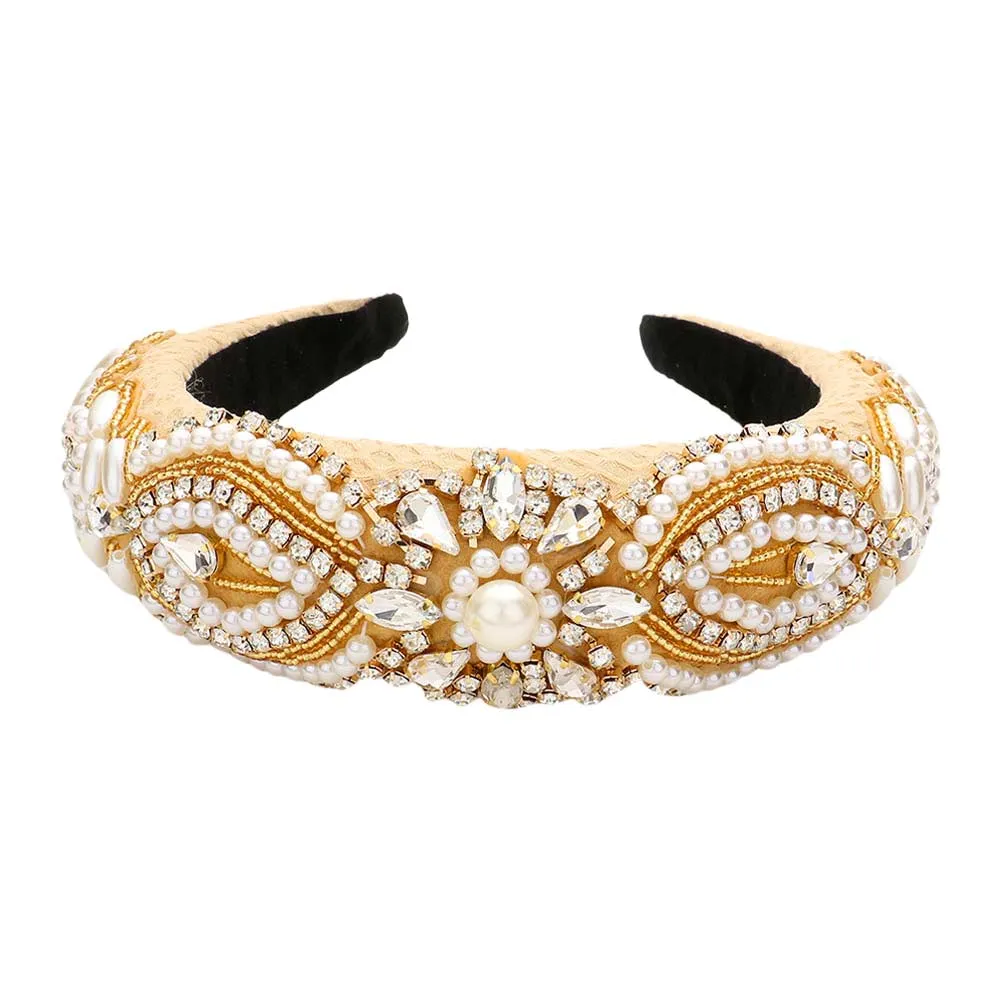 Floral Pearl Stone Embellished Padded Headband