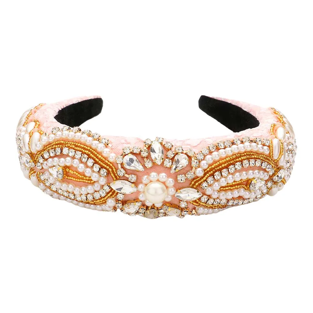 Floral Pearl Stone Embellished Padded Headband