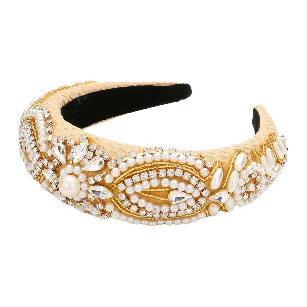 Floral Pearl Stone Embellished Padded Headband