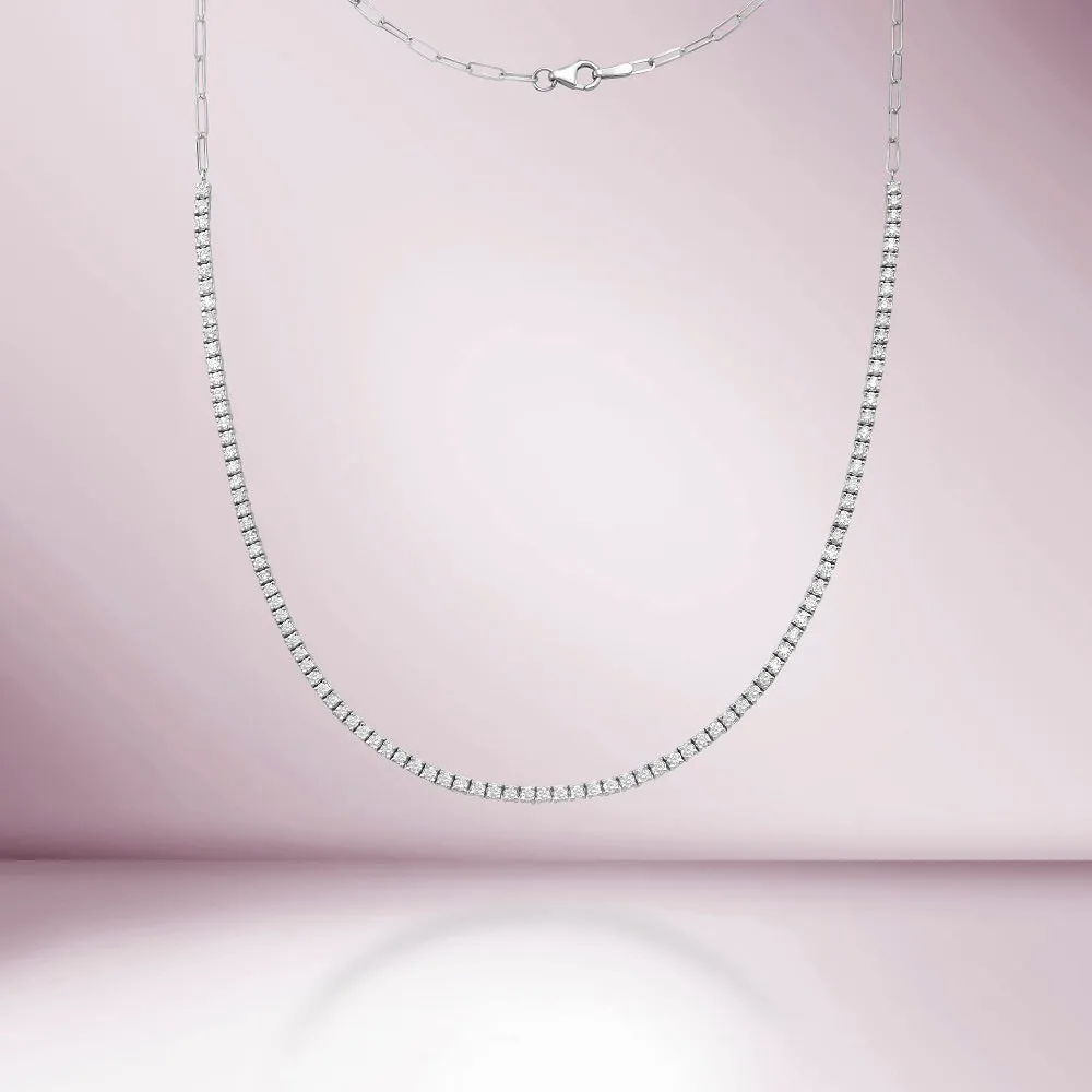 HalfWay Diamond Tennis Necklace & Half Paperclip Chain ( 2.50 ct.) 4-Prongs Setting in 14K Gold