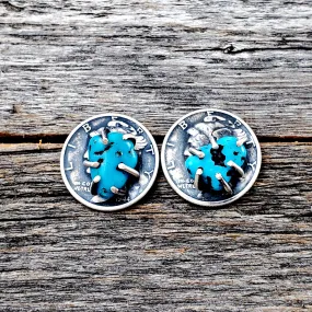 Kingman Turquoise Mercury Dime Stud Earrings