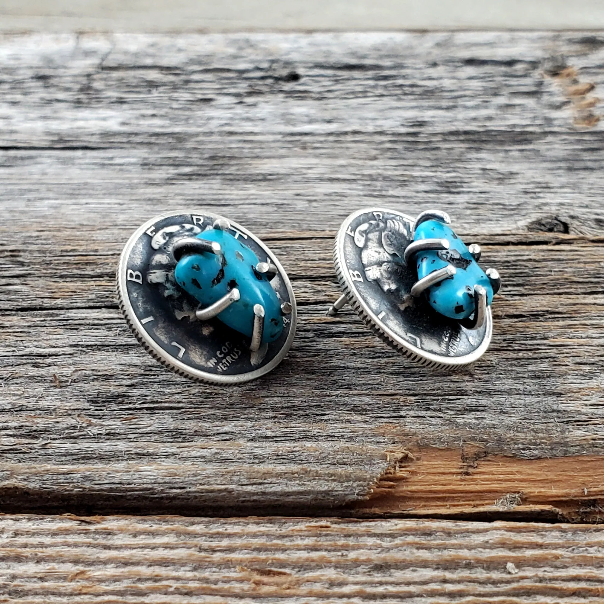 Kingman Turquoise Mercury Dime Stud Earrings