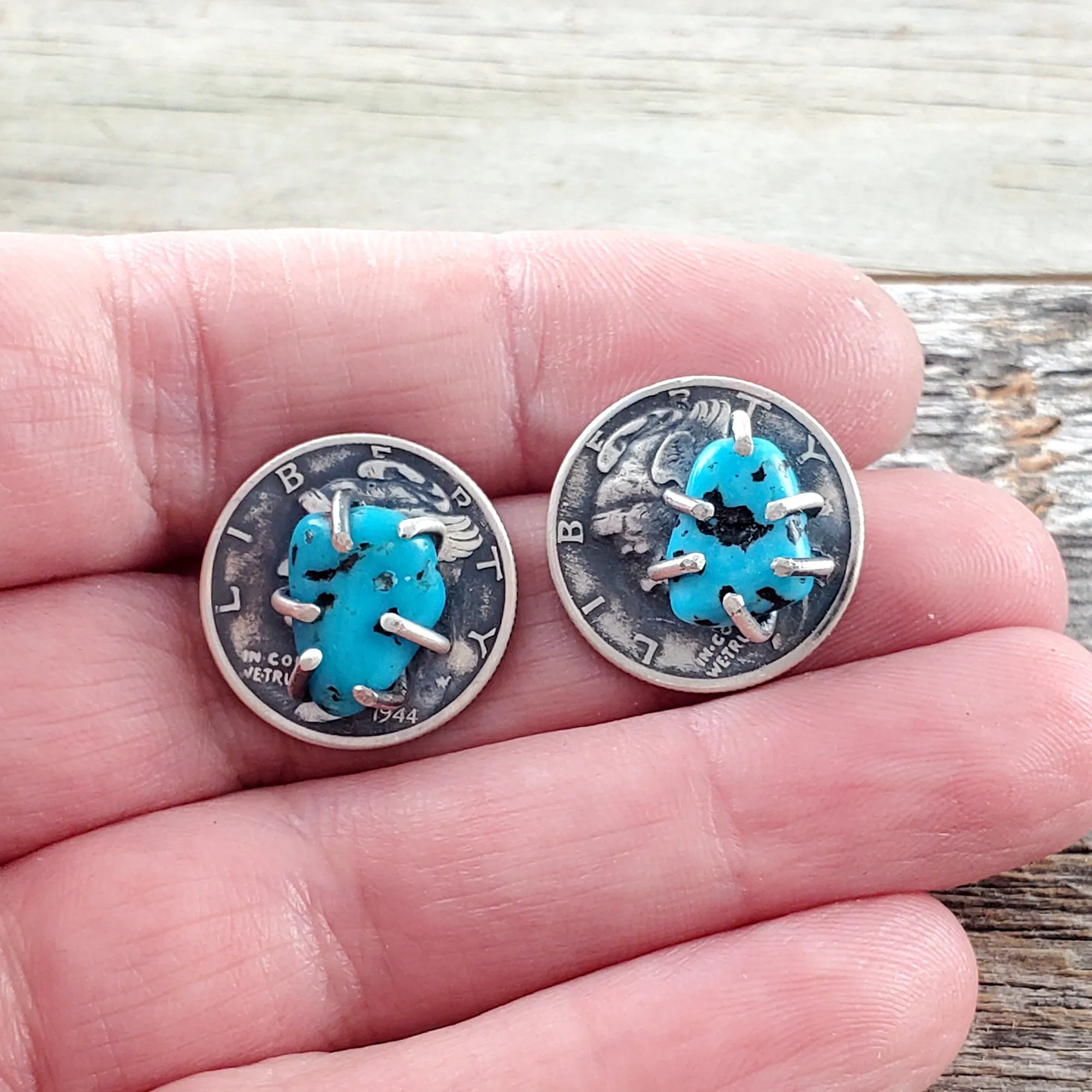 Kingman Turquoise Mercury Dime Stud Earrings