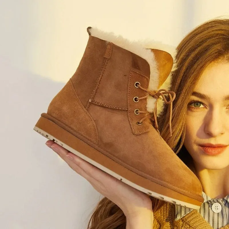 Leather Natural Wool Lined Casual Snow Boots