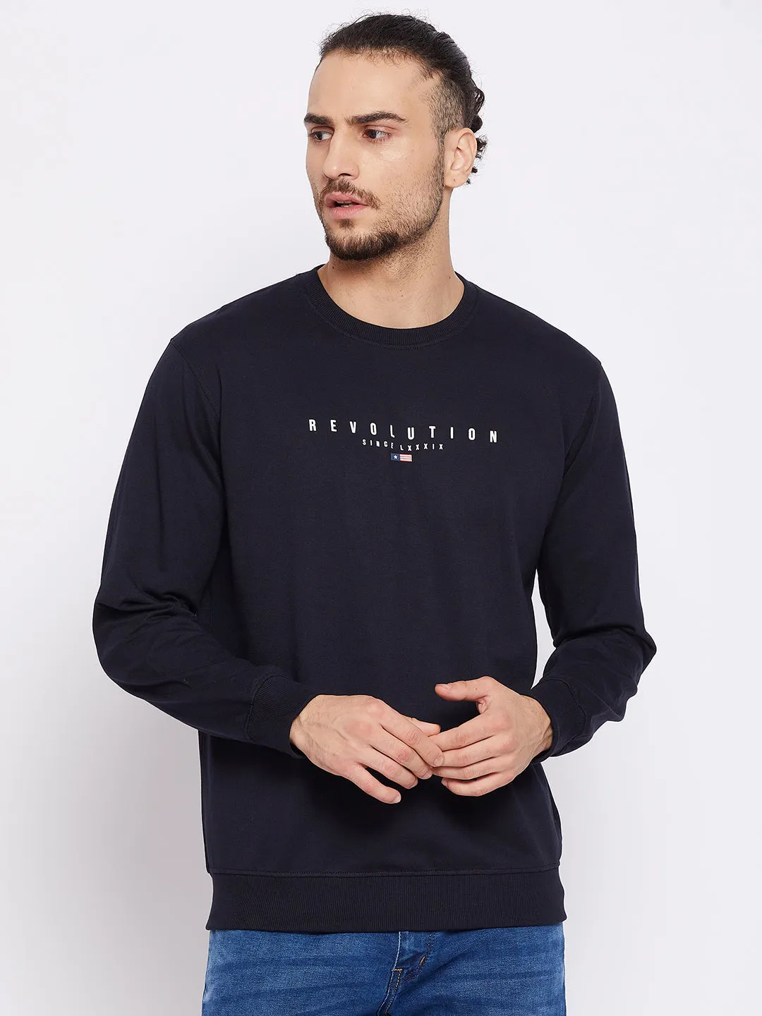 Men Navy Blue Round Neck Full Sleeves Casual Sweatshirt