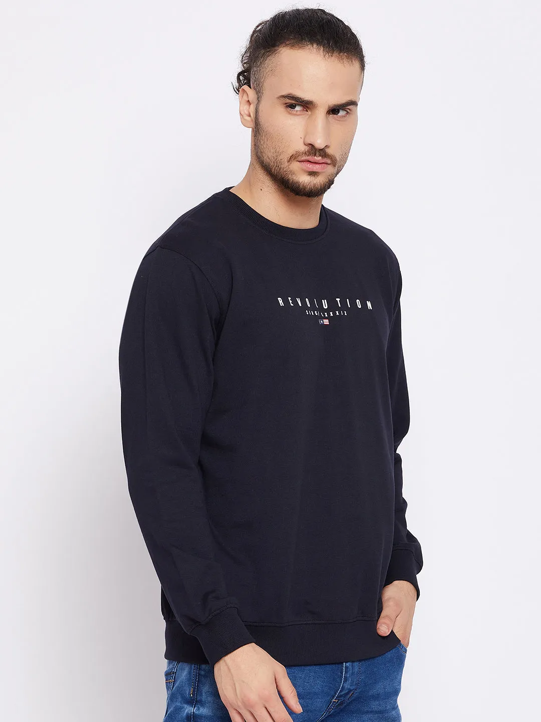 Men Navy Blue Round Neck Full Sleeves Casual Sweatshirt