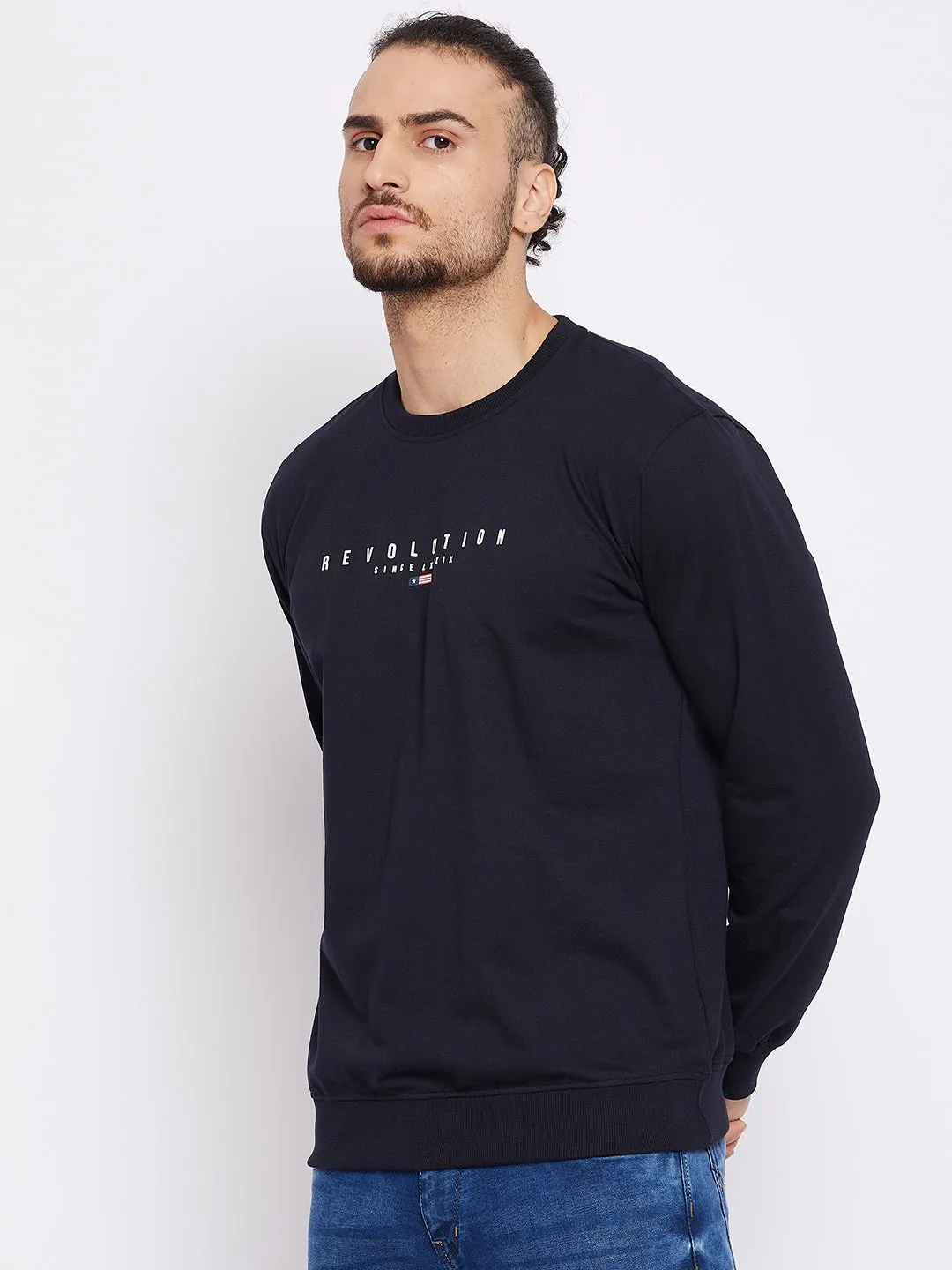 Men Navy Blue Round Neck Full Sleeves Casual Sweatshirt