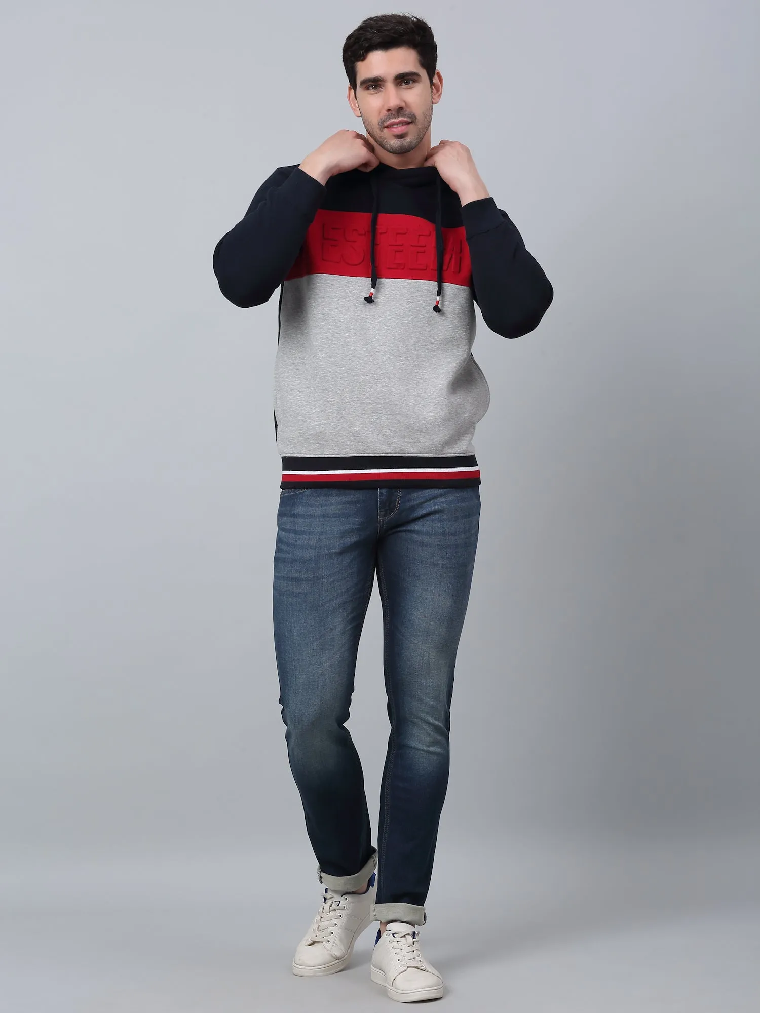 Men's Color Blocked Grey Melange Full Sleeves Round Neck Casual Sweatshirt