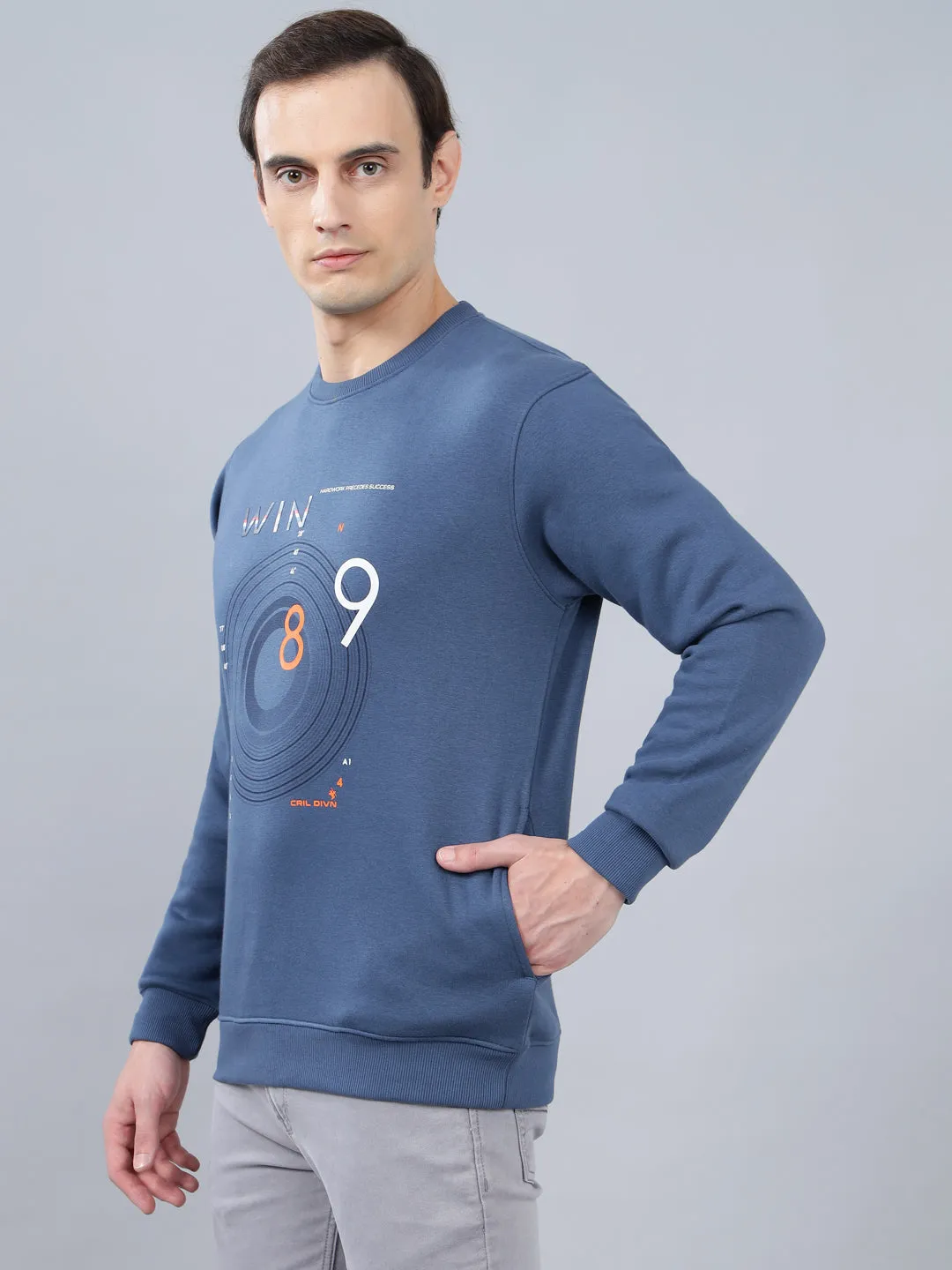 Men's Graphic Printed Blue Round Neck Sweatshirt