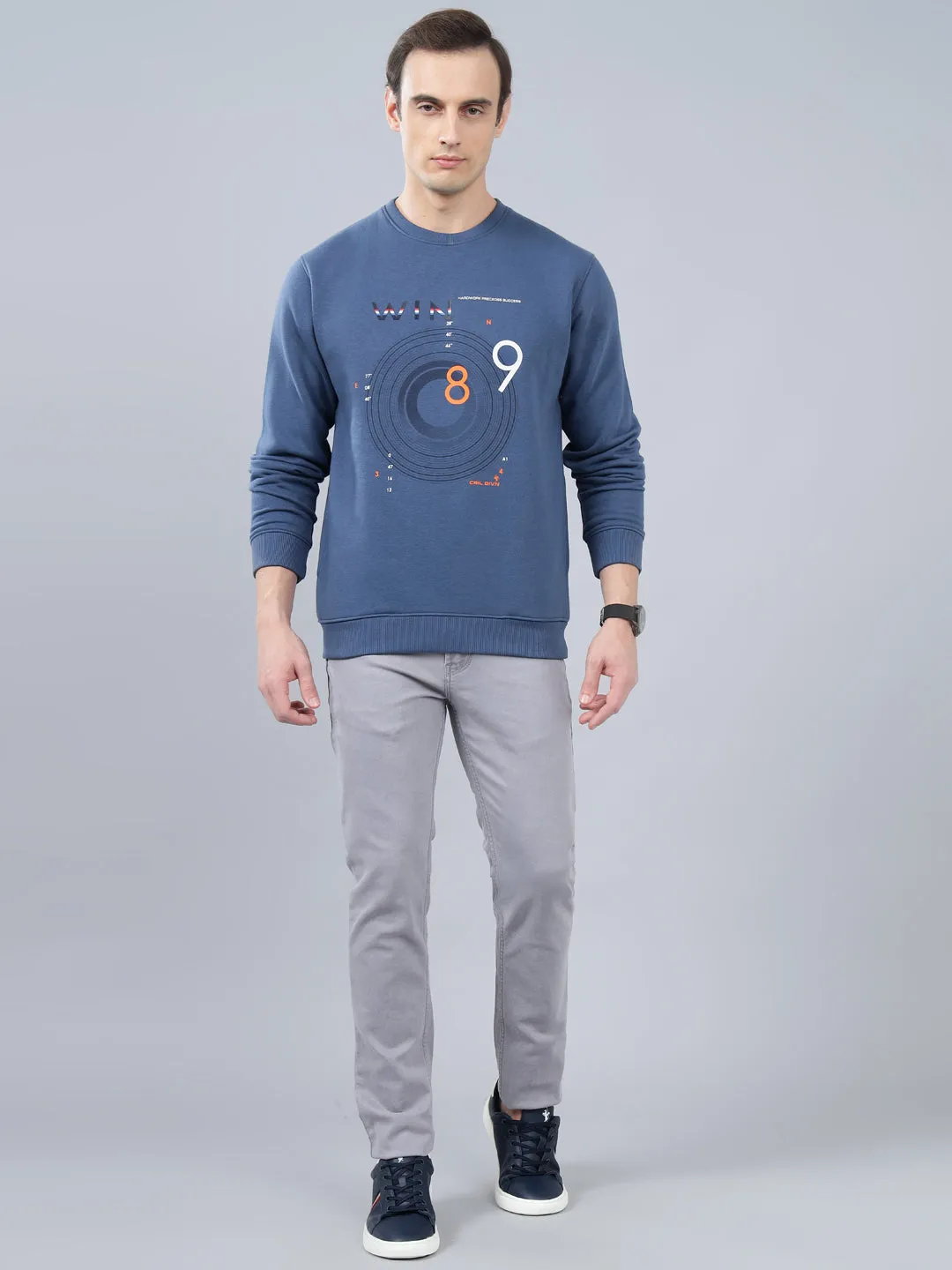 Men's Graphic Printed Blue Round Neck Sweatshirt