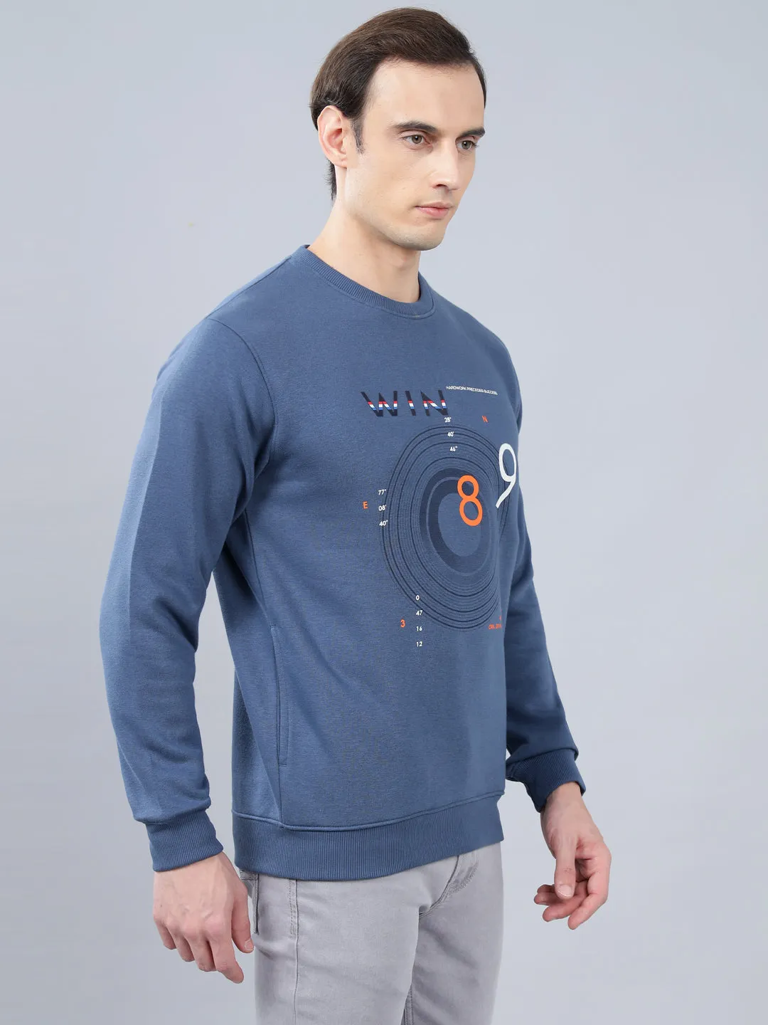 Men's Graphic Printed Blue Round Neck Sweatshirt