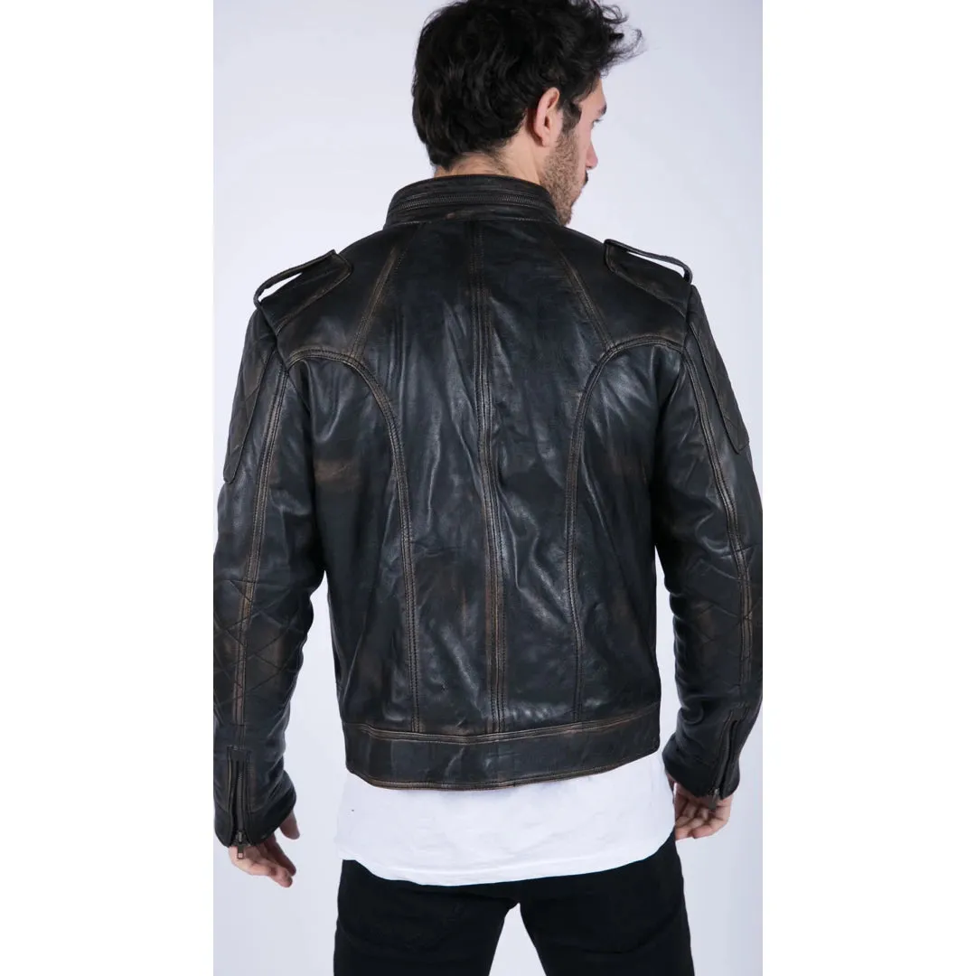 Men's Leather Black Brown Washed Racer Jacket Biker Zipped Slim