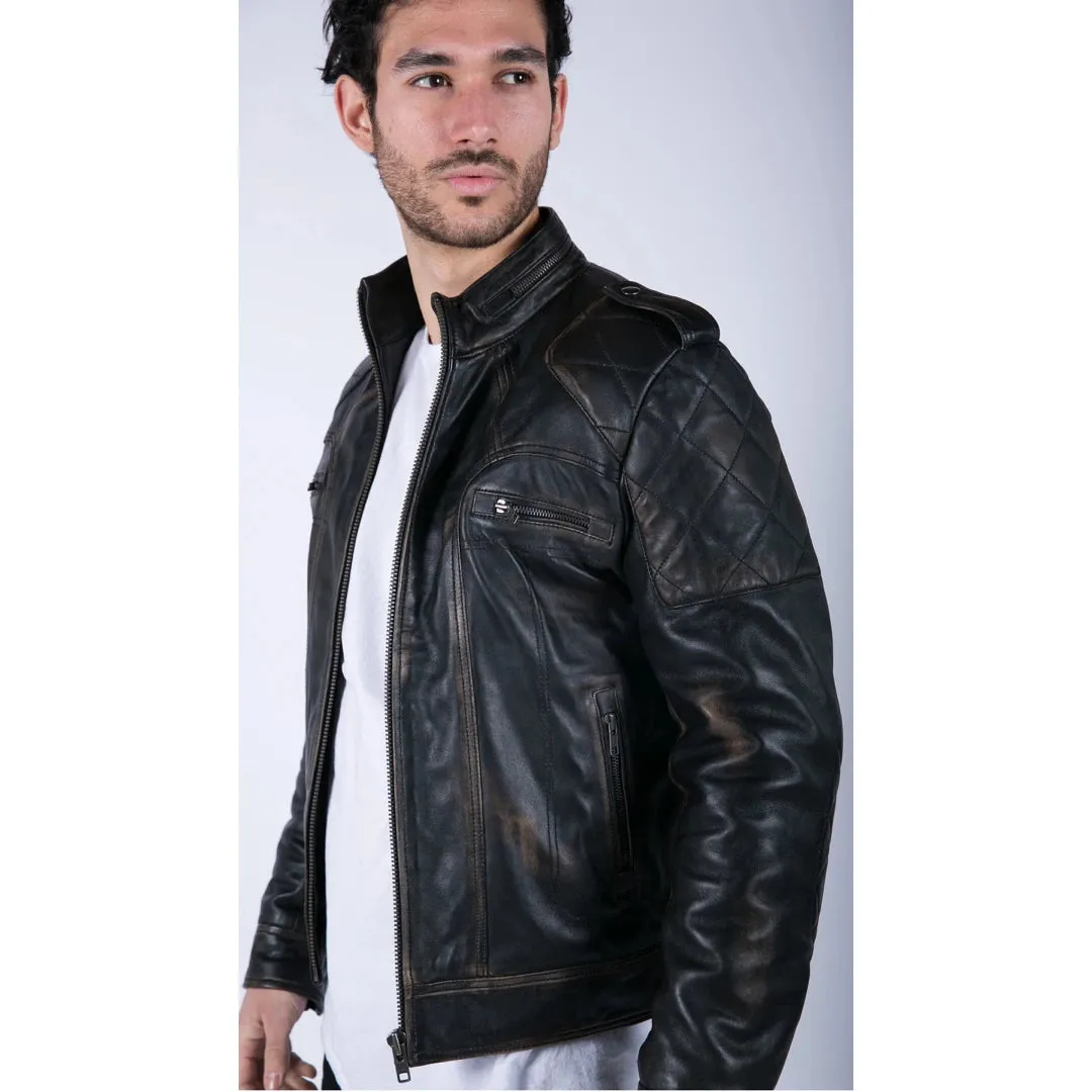 Men's Leather Black Brown Washed Racer Jacket Biker Zipped Slim