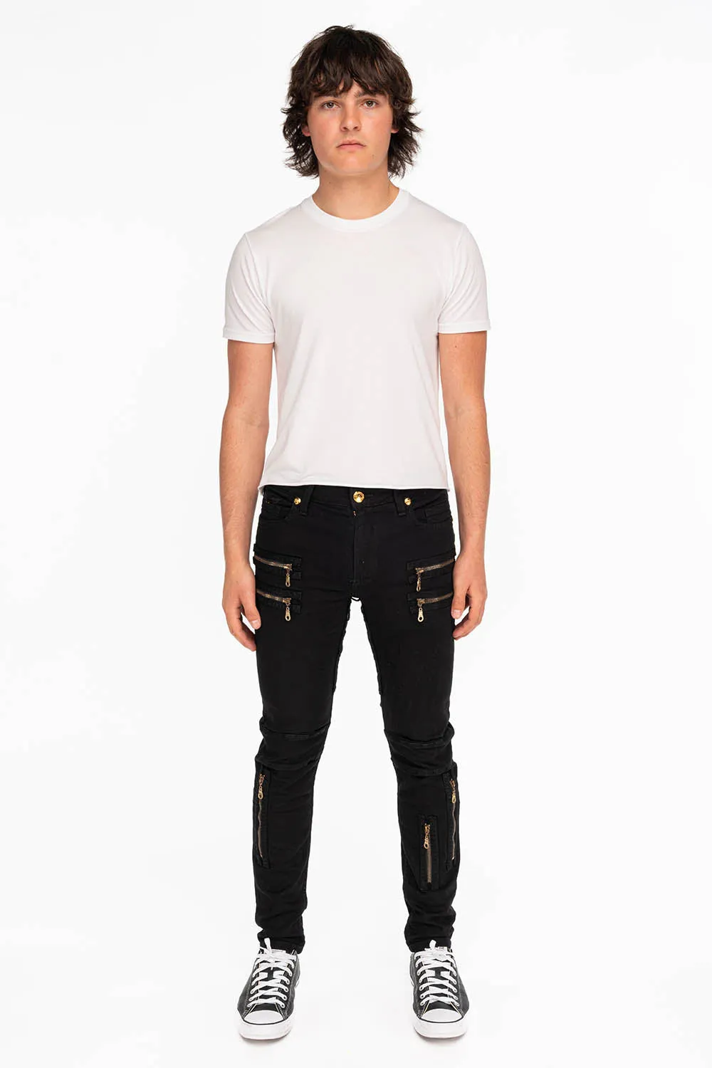 MENS NEW BIKER SKINNY JEANS IN PURE BLACK WITH GOLD WINGS