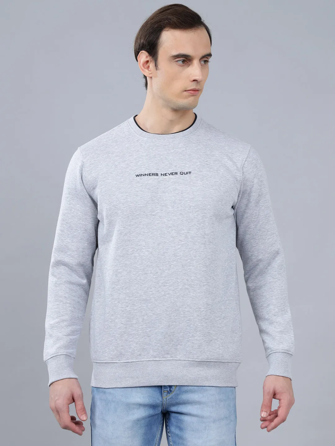 Men's Solid Grey Melange Round Neck Sweatshirt