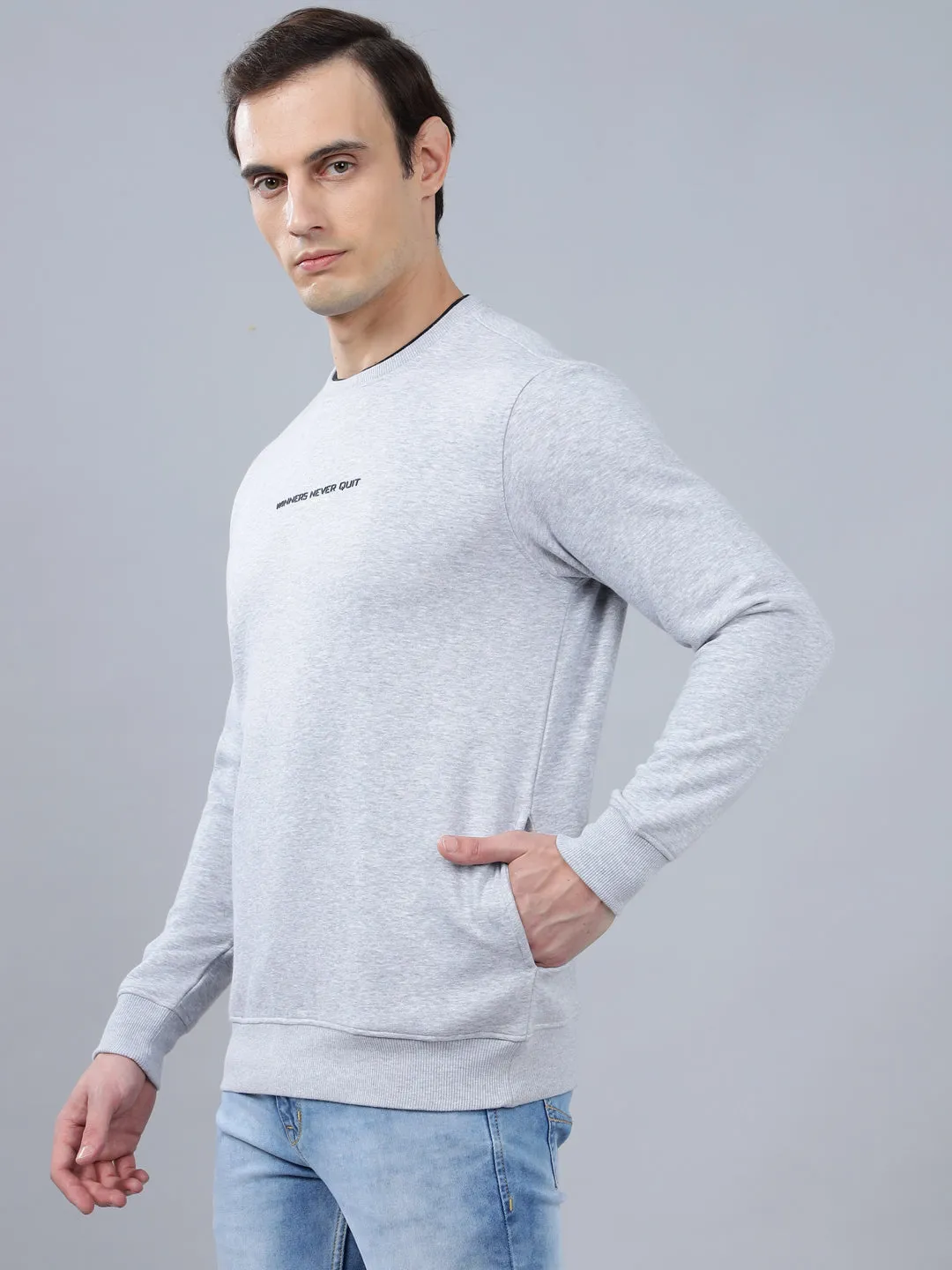 Men's Solid Grey Melange Round Neck Sweatshirt