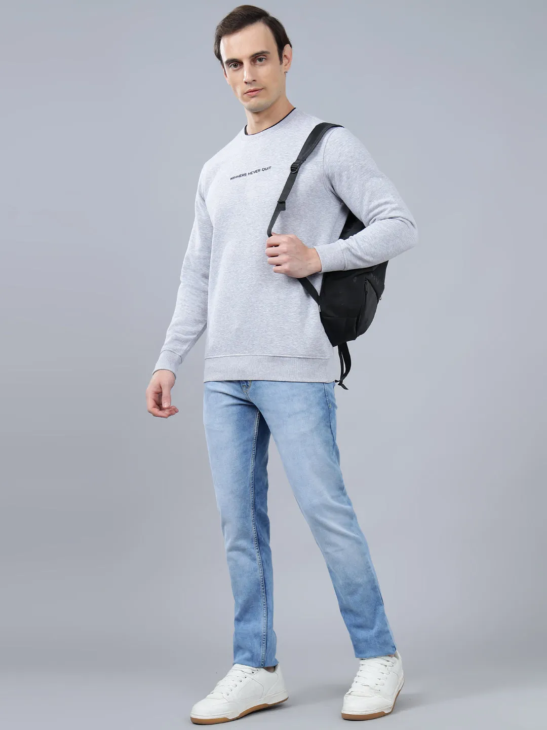 Men's Solid Grey Melange Round Neck Sweatshirt