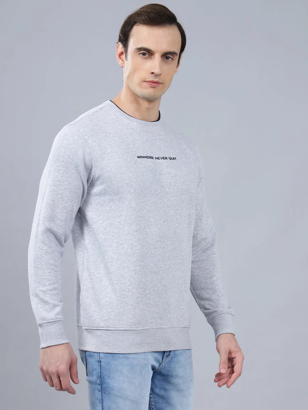 Men's Solid Grey Melange Round Neck Sweatshirt