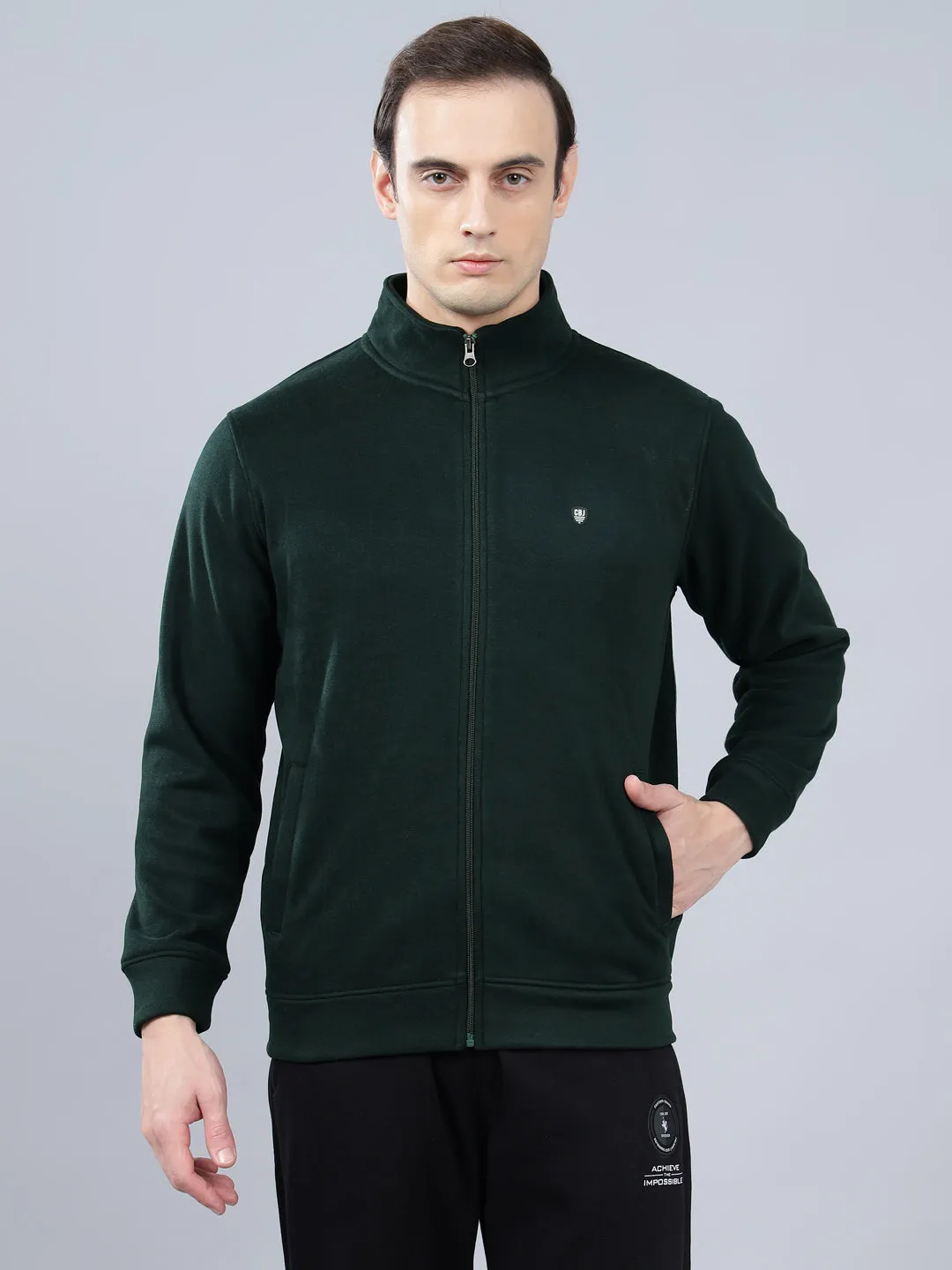 Men's Solid Olive Green Mock Collar Sweatshirt