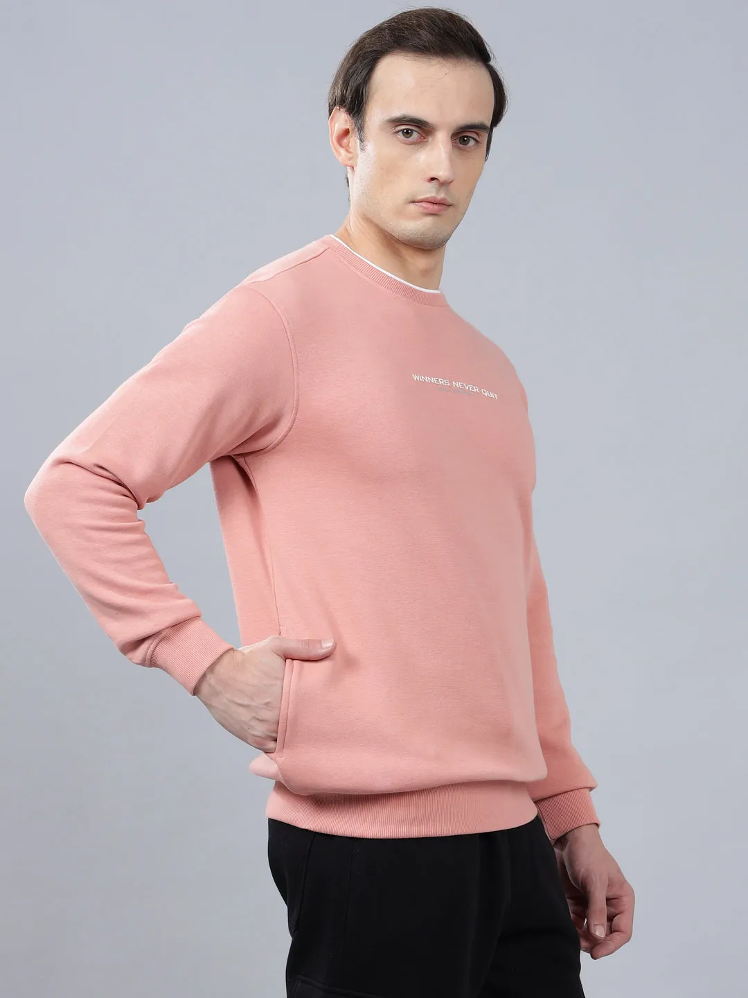 Men's Solid Pink Round Neck Sweatshirt