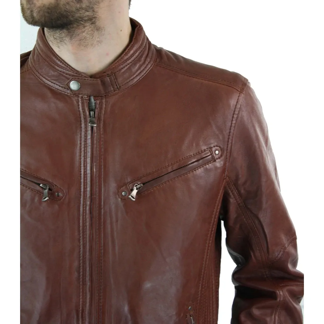 Men's Zipped Leather Biker Jacket Black Tan Brown