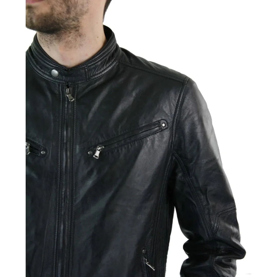 Men's Zipped Leather Biker Jacket Black Tan Brown