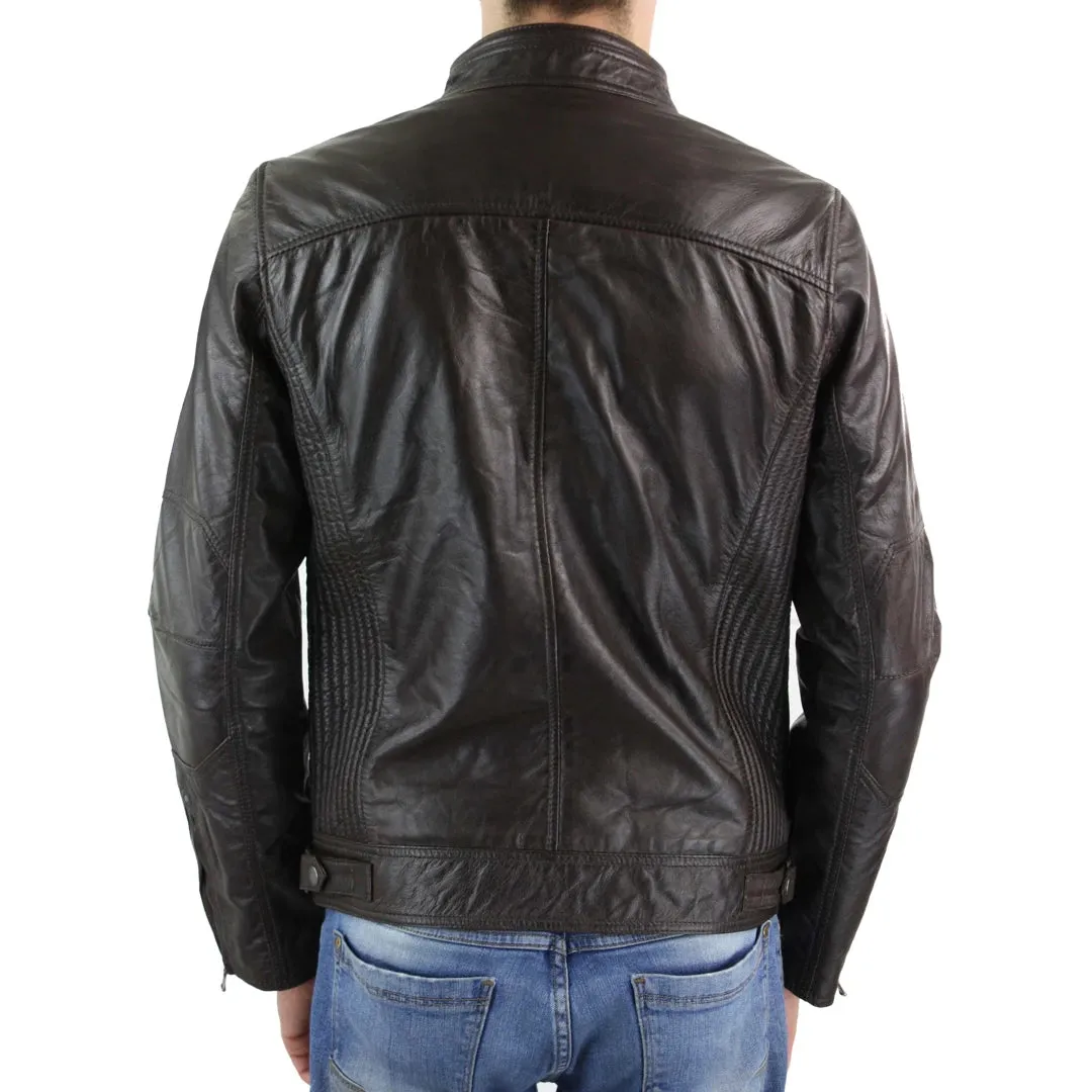 Men's Zipped Leather Biker Jacket Black Tan Brown